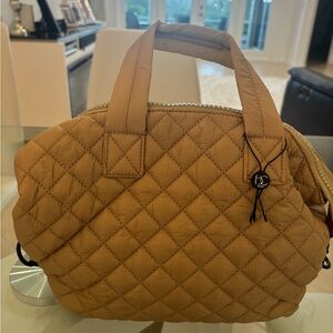 Quilted Tan Handbag Taupe With Crossbody Handle.
